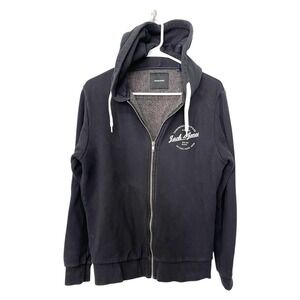 Jack & Jones Medium Black Full Zip Sweatshirt Hoodie Fleece Lined Graphic